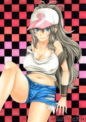 Rule 34 | 10s, 1girl, artist name, bare legs, bare shoulders, baseball cap, blue eyes, breasts, brown hair, checkered background, cleavage, clothes lift, creatures (company), denim, denim shorts, female focus, game freak, hat, high ponytail, hilda (pokemon), large breasts, long hair, looking at viewer, midriff, nintendo, pastel (medium), pokemon, pokemon bw, shirt lift, shorts, sitting, smile, solo, strap slip, takecha, traditional media, very long hair, vest, wristband
