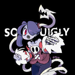 Rule 34 | 1girl, 770mk, black background, blue hair, blue skin, character name, colored skin, cowboy shot, exposed bone, closed eyes, hair over one eye, leviathan (skullgirls), music, open mouth, red eyes, side ponytail, singing, skeletal arm, skullgirls, solo, squigly (skullgirls), stitched mouth, stitches, striped, zombie