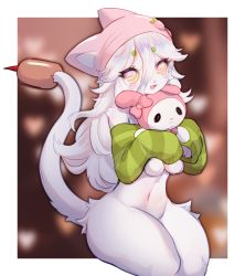 Rule 34 | 1girl, :3, absurdres, animal ears, blurry, blurry background, body fur, border, bow, cat ears, cat tail, female focus, furry, furry female, hair between eyes, hat, heart, heart-shaped pupils, highres, kitsuneten, long hair, multicolored eyes, navel, nude, open mouth, original, pink bow, pink eyes, pink hat, ringed eyes, sitting, sleeves past wrists, solo, stuffed toy, symbol-shaped pupils, tail, thighs, white border, white fur, white hair, yellow eyes