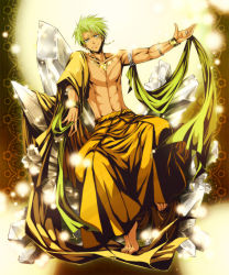 Rule 34 | 1boy, abs, armlet, barefoot, blonde hair, blue eyes, bracelet, celestial stones, collarbone, crystal, earrings, forehead jewel, green hair, highres, jewelry, light smile, looking at viewer, male focus, md5 mismatch, muscular, original, outstretched arm, personification, revision, ring, topless male, short hair, sitting, solo, tatsuki maki, zircon (personification)