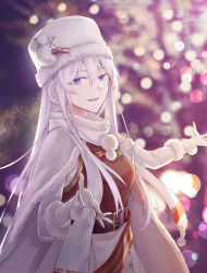 Rule 34 | 1girl, azur lane, belt, blurry, blurry background, breasts, cape, character name, christmas, cowboy shot, earmuffs, enterprise (azur lane), enterprise (reindeer master) (azur lane), fur trim, gloves, hair between eyes, high-waist skirt, highres, long hair, long sleeves, looking at viewer, medium breasts, open mouth, outstretched arms, pom pom (clothes), purple eyes, ribbed sweater, sash, scarf, silver hair, skirt, smile, snowman hair ornament, solo, straight hair, suprii, sweater, vest, white cape, white gloves, white headwear, white scarf