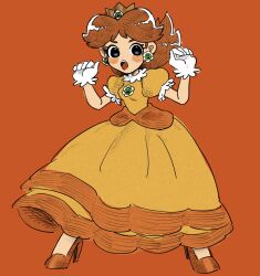 Rule 34 | 1girl, blue eyes, breasts, brown hair, crown, dress, earrings, flipped hair, flower earrings, full body, gloves, highres, jewelry, large breasts, looking at viewer, mario (series), mimimi (mimimim9999), nintendo, open mouth, princess daisy, puffy sleeves, short sleeves, simple background, solo, white gloves