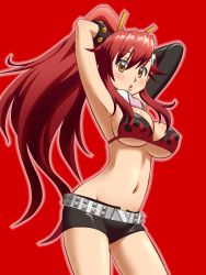 Rule 34 | 00s, 1girl, adjusting hair, armpits, arms up, awa, belt, bikini, bikini top only, blush, breasts, cleavage, covered erect nipples, gloves, hair ornament, hand in own hair, highres, long hair, looking at viewer, midriff, navel, ponytail, red background, red hair, red theme, scarf, short shorts, shorts, simple background, skull hair ornament, solo, studded belt, swimsuit, tengen toppa gurren lagann, underboob, very long hair, yellow eyes, yoko littner
