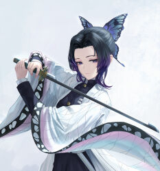 Rule 34 | 1girl, absurdres, black hair, butterfly hair ornament, closed mouth, commentary, demon slayer uniform, expressionless, gradient hair, hair ornament, haori, highres, holding, holding sword, holding weapon, japanese clothes, kimetsu no yaiba, kochou shinobu, looking at viewer, multicolored hair, parted bangs, purple eyes, purple hair, revision, sidelocks, simple background, solo, sword, sword writing, tooku0, two-tone hair, updo, upper body, weapon, wide sleeves