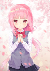 Rule 34 | 1girl, black skirt, blue cardigan, braid, cardigan, commentary request, crying, crying with eyes open, highres, long hair, magia record: mahou shoujo madoka magica gaiden, mahou shoujo madoka magica, open mouth, own hands together, pink background, pink eyes, pink hair, ponytail, school uniform, shirt, skirt, solo, taku michi, tamaki iroha, tears, upper body, white shirt