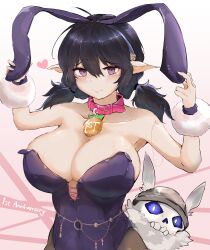 Rule 34 | 1girl, 1other, absurdres, animal collar, animal ears, anniversary, armpits, biting another&#039;s tail, black hair, blush, breasts, brown dust 2, closed mouth, collar, covered navel, cross-laced leotard, elf, english text, fake animal ears, fake tail, fur wrist cuffs, hair tie, hand on own ear, heart, helmet, highres, isaac (brown dust 2), large breasts, leotard, loen (brown dust 2), looking at viewer, pink background, pink collar, playboy bunny, pointy ears, purple eyes, purple leotard, rabbit ears, rabbit tail, rippannjaku, short twintails, solo focus, tail, twintails, upper body, wavy mouth