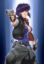 Rule 34 | 1girl, aiming, breasts, clothes around waist, dog tags, dual wielding, fingerless gloves, ghost in the shell, gloves, gun, handgun, holding, jacket, kusanagi motoko, large breasts, leotard, no bra, open clothes, open jacket, pistol, polarityplus, purple hair, red eyes, reverse grip, revision, short hair, sideboob, sleeves rolled up, solo, unzipped, weapon