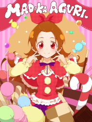 Rule 34 | 1girl, alternate costume, ashita wa hitsuji, bangs pinned back, blush, bow, brown hair, candy, candy cane, capelet, character name, checkerboard cookie, cherry, cookie, dokidoki! precure, food, fruit, hair bow, highres, lollipop, long hair, macaron, madoka aguri, pocky, precure, pudding, red eyes, smile, solo, sweets, unmoving pattern, wafer stick