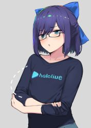 Rule 34 | 1girl, a-chan (1st costume) (hololive), a-chan (hololive), april fools, batsu, black-framed eyewear, black shirt, blue bow, blue eyes, blue hair, blush, bow, breasts, collarbone, copyright name, crossed arms, dotted line, glasses, hair bow, highres, hololive, long sleeves, looking at viewer, open mouth, shirt, short hair, small breasts, solo, upper body, virtual youtuber