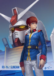 Rule 34 | absurdres, amuro ray, blue eyes, brown hair, character name, gundam, highres, male focus, manual, mecha, military, military uniform, mobile suit gundam, namiko (zxbvincent), robot, rx-78-2, solo, uniform, v-fin