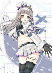Rule 34 | 1girl, aircraft, airplane, azur lane, beret, black gloves, black pantyhose, black ribbon, black thighhighs, blunt bangs, capelet, cowboy shot, crossover, flat chest, gloves, grey hair, hand on own chest, hat, highres, hololive, legs together, long hair, long sleeves, looking at viewer, lux (dera ix), midriff, mini hat, miniskirt, murasaki shion, navel, neck ribbon, official alternate costume, open mouth, pantyhose, pleated skirt, ribbon, runway, sidelocks, skirt, smile, solo, standing, thighband pantyhose, thighhighs, virtual youtuber, yellow eyes