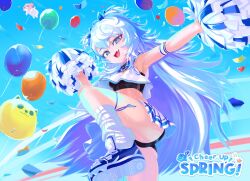 Rule 34 | + +, :d, absurdres, ass, black sports bra, blue bow, blue bowtie, blue eyes, blue ribbon, blue skirt, bow, bowtie, breasts, cheerleader, crop top, doro (nikke), goddess of victory: nikke, hair ribbon, highres, inugressive, leg up, long hair, official alternate costume, open mouth, poli (cheer up police) (nikke), poli (nikke), pom pom (cheerleading), ribbon, shoes, short twintails, sidelocks, skirt, small breasts, smile, sneakers, socks, sports bra, sweat, twintails, two-tone skirt, very long hair, wavy hair, white hair, white skirt, white socks