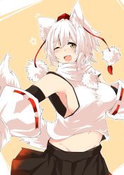 Rule 34 | 1girl, absurdres, animal ear fluff, animal ears, black skirt, breasts, detached sleeves, groin, hat, highres, houkai (collapse illust), inubashiri momiji, large breasts, looking at viewer, navel, one eye closed, pom pom (clothes), red hat, ribbon-trimmed sleeves, ribbon trim, shirt, sideboob, skirt, tail, tokin hat, touhou, white hair, white shirt, wolf ears, wolf girl, wolf tail, yellow background