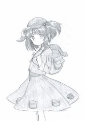 Rule 34 | 1girl, backpack, bag, blush, closed mouth, collar, collared shirt, feet out of frame, graphite (medium), greyscale, hair bobbles, hair ornament, hat, head tilt, highres, kappa, kawashiro nitori, key, long sleeves, looking at viewer, mahiro (akino-suisen), monochrome, pocket, pouch, shirt, short hair, short twintails, skirt, skirt set, sleeve cuffs, smile, solo, standing, touhou, traditional media, twintails, two side up