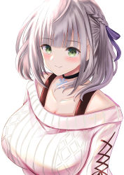 Rule 34 | 1girl, bar censor, black choker, blunt bangs, blush, braid, breasts, censored, choker, cleavage, closed mouth, collarbone, green eyes, hair ribbon, half updo, highres, hololive, huge breasts, jewelry, looking at viewer, natsuki (natukituki), off-shoulder sweater, off shoulder, pendant, ribbed sweater, ribbon, shirogane noel, shirogane noel (casual), short hair, side braid, silver hair, simple background, smile, snowflake necklace, solo, sweater, virtual youtuber, white background, white sweater