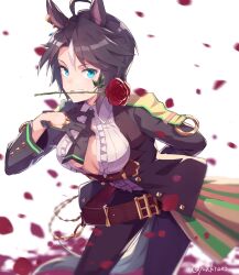 Rule 34 | 1girl, ahoge, animal ears, aqua eyes, arm behind back, belt, black gloves, black hair, black jacket, black necktie, black pants, blurry, breasts, breasts apart, center frills, center opening, collared shirt, depth of field, flower, frills, fuji kiseki (umamusume), gloves, hand on own chest, highres, horse ears, horse girl, horse tail, jacket, leaning forward, long sleeves, looking at viewer, medium breasts, mouth hold, multicolored hair, necktie, open clothes, open jacket, pants, petals, rose, shirt, short hair, solo, standing, streaked hair, tail, teeth hold, twitter username, umamusume, yuhkiano