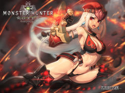 Rule 34 | 1girl, armor, ass, bare shoulders, bikini armor, black gloves, blonde hair, breasts, cameltoe, cleavage, copyright name, earrings, ecell, gloves, hat, high heels, highleg, highleg panties, jewelry, large breasts, long hair, looking at viewer, monster hunter (series), monster hunter: world, navel, open mouth, panties, red eyes, solo, thighhighs, underwear, very long hair