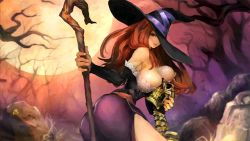 Rule 34 | 1girl, animated, animated gif, ass, between breasts, between buttocks, breasts, brown hair, cane, character name, curvy, dragon&#039;s crown, dress, female focus, hat, holding, huge breasts, lace, long hair, looking at viewer, moon, outdoors, skull, narrow waist, solo, sorceress (dragon&#039;s crown), tree, vanillaware, witch hat
