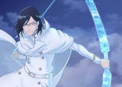 Rule 34 | 1boy, absurdres, belt, black hair, bleach, bleach: sennen kessen-hen, blue eyes, bow (weapon), cape, commentary, cowboy shot, energy weapon, fighting stance, glasses, highres, holding, holding bow (weapon), holding weapon, ishida uryuu, jacket, long sleeves, looking at viewer, medium hair, open mouth, simple background, smile, smirk, sonzhondaya, weapon, white belt, white cape, white jacket
