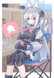 Rule 34 | 1girl, :&lt;, absurdres, animal ear headphones, armband, blue archive, bulletproof vest, cellphone, chair, commentary request, fake animal ears, halo, headphones, highres, knee pads, long hair, miyako (blue archive), phone, purple eyes, school uniform, silver hair, sitting, solo, tactical clothes, veni tsubaki