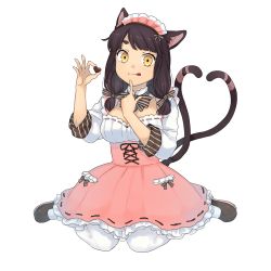 Rule 34 | 1girl, animal ears, braid, breasts, candy, cat ears, cat tail, chocolate, chocolate heart, cleavage, dress, finger to mouth, food, full body, headdress, heart, highres, holding, index finger raised, leggings, looking at viewer, multiple tails, nekomata (youkai hyakki-tan!), official art, simple background, sitting, sleeves past wrists, solo, tail, wariza, white background, white leggings, yellow eyes, youkai hyakki-tan!