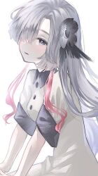 Rule 34 | 1girl, akira (colon radio), black flower, blush, collared dress, dress, expressionless, flower, grey eyes, grey hair, hair flower, hair ornament, hair over one eye, highres, isekai joucho, kamitsubaki studio, long hair, looking to the side, multicolored hair, parted lips, red hair, short sleeves, simple background, solo, two-tone hair, upper body, virtual youtuber, white background