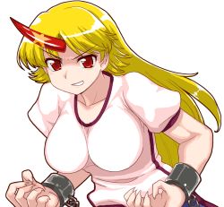 Rule 34 | 1girl, alphes (style), bad id, bad pixiv id, blonde hair, breasts, claws, cuffs, female focus, horns, hoshiguma yuugi, large breasts, long hair, mono (moiky), parody, red eyes, single horn, solo, star (symbol), style parody, touhou, transparent background