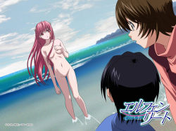 Rule 34 | 00s, 1boy, 2girls, black hair, blood, blood on face, breasts, brown hair, censored, cloud, convenient censoring, day, dutch angle, elfen lied, hair over breasts, horns, kouta, long hair, lucy (elfen lied), medium breasts, multiple girls, navel, nude, nyuu, ocean, official art, official wallpaper, open mouth, outdoors, pink hair, red eyes, screencap, short hair, sky, very long hair, wading, wallpaper, water, yuka (elfen lied)