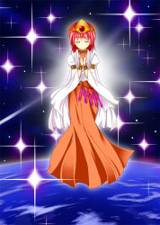 Rule 34 | 1990s (style), 1girl, choker, crown, dress, closed eyes, female focus, final fantasy, final fantasy v, full body, lenna charlotte tycoon, long hair, oracle, pink hair, robe, solo, space, star (symbol), uchouten, wristband