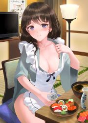 Rule 34 | 1girl, alcohol, apron, artist name, blue eyes, blush, bow, bowl, breasts, brown hair, cat, chair, choko (cup), chowbie, collarbone, cup, food, frilled apron, frills, hand up, holding, holding cup, indoors, japanese clothes, kimono, lamp, large breasts, looking at viewer, maid, makizushi, mole, no bra, on chair, open clothes, open kimono, original, painting (object), parted lips, plate, sake, signature, sitting, smile, solo, soup, sushi, table, tatami, television, tokkuri, wa maid, wide sleeves, wooden table, zaisu