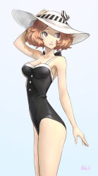 Rule 34 | 1girl, arm up, artist name, bare legs, bare shoulders, black ribbon, black one-piece swimsuit, brown eyes, brown hair, collarbone, hat, lips, okumura haru, one-piece swimsuit, ozkh, persona, persona 5, persona 5 scramble: the phantom strikers, ribbon, shaded face, simple background, solo, standing, sun hat, swimsuit, thighs