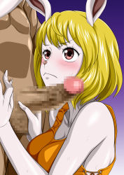 Rule 34 | 1boy, 1girl, blonde hair, breasts, carrot (one piece), censored, dark-skinned male, dark skin, furry, highres, large breasts, nel-zel formula, one piece, penis, short hair, source request