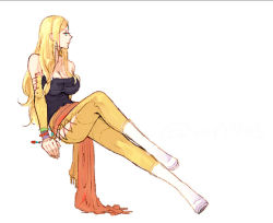 Rule 34 | 1girl, blonde hair, blue shirt, boots, breasts, celes chere, detached sleeves, final fantasy, final fantasy vi, gold trim, hip vent, large breasts, long hair, mii (aad378), parted bangs, shirt, sitting, strapless, wavy hair, white footwear