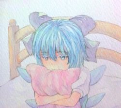 Rule 34 | 1girl, acrylic paint (medium), bed, blue eyes, blue hair, bow, cirno, female focus, graphite (medium), hair bow, hug, ice, ice wings, matching hair/eyes, hugging object, on bed, painting (medium), pillow, pillow hug, short hair, sitting, solo, texture, touhou, traditional media, upper body, watercolor (medium), wings, yuyu (00365676)