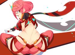 Rule 34 | 1girl, ahoge, ass, blush, breasts, butt crack, cameltoe, circlet, fingerless gloves, from behind, gloves, huge ass, jellcaps, large breasts, looking at viewer, looking back, pink hair, pyra (xenoblade), red eyes, red scarf, red shorts, scarf, shiny clothes, shiny skin, short hair, short shorts, shorts, sideboob, sitting, solo, thighhighs