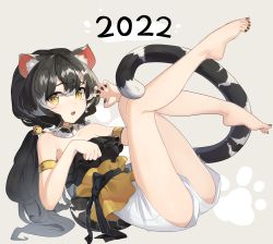 Rule 34 | 1girl, 2022, absurdres, armlet, bell, black hair, black nails, breasts, cat girl, cat tail, detached collar, feet, full body, hair bell, hair ornament, highres, long hair, looking at viewer, lying, medium breasts, multicolored hair, nail polish, on back, open mouth, original, paw pose, paw print, paw print background, rang go, shirt, shorts, slit pupils, solo, strapless, strapless shirt, streaked hair, tail, teeth, toenail polish, toenails, upper teeth only, white shorts
