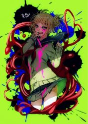 Rule 34 | 1girl, :d, black skirt, blonde hair, blood, blue sailor collar, boku no hero academia, cardigan, character name, cowboy shot, double bun, fangs, green background, hair bun, highres, holding, holding knife, knife, long sleeves, looking at viewer, messy hair, miniskirt, neckerchief, open mouth, pleated skirt, red neckerchief, sailor collar, sanpaku, school uniform, serafuku, short hair, skirt, sleeves past wrists, smile, solo, teeth, toga himiko, xxhachi coxx, yellow eyes