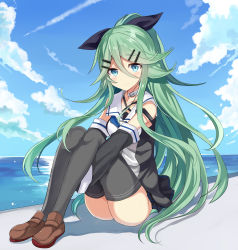 Rule 34 | 10s, 1girl, absurdres, day, detached sleeves, green eyes, green hair, hair between eyes, hair ribbon, highres, kantai collection, long hair, looking at viewer, matching hair/eyes, ocean, retto (250letttt), ribbon, shoes, sky, smile, solo, thighhighs, yamakaze (kancolle)