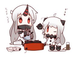 Rule 34 | 10s, 2girls, abyssal ship, ahoge, chibi, claws, cooking, detached sleeves, horns, kantai collection, long hair, mittens, multiple girls, northern ocean princess, nuu (nu-nyu), one eye closed, pale skin, red eyes, seaport princess, simple background, single horn, sitting, stirring, white hair