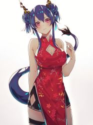 Rule 34 | 1girl, arknights, bare arms, bare shoulders, black shorts, blue hair, breasts, ch&#039;en (ageless afterglow) (arknights), ch&#039;en (arknights), china dress, chinese clothes, cleavage, cleavage cutout, clothing cutout, commentary, cowboy shot, double bun, dragon horns, dragon tail, dress, gradient background, grey background, hair bun, head tilt, highres, horns, large breasts, long hair, looking at viewer, official alternate costume, pink eyes, red dress, shorts, sidelocks, sleeveless, sleeveless dress, solo, standing, tail, thigh strap, uikoui, white background