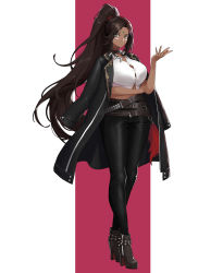 Rule 34 | 1girl, alternate costume, ankle boots, arm under breasts, arm up, belt, black jacket, black pants, boots, breasts, brown hair, closed mouth, collar, dark-skinned female, dark skin, forehead jewel, full body, green eyes, hair tie, hella p, high heel boots, high heels, high ponytail, highres, jacket, jacket on shoulders, large breasts, league of legends, long hair, looking at viewer, midriff, multiple belts, nidalee, pants, red background, shirt, solo, standing, studded collar, white shirt, zipper footwear