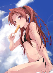 Rule 34 | 10s, 1girl, bare arms, bare shoulders, bikini, black bikini, black ribbon, blue sky, blush, breasts, brown eyes, brown hair, cloud, contrail, cowboy shot, day, dutch angle, eating, flat chest, food, from side, girls und panzer, hair ribbon, holding, holding food, kadotani anzu, lens flare, long hair, looking to the side, outdoors, parted bangs, popsicle, ribbon, shiny skin, side-tie bikini bottom, sitting, sky, small breasts, solo, string bikini, swimsuit, thighs, twintails, yumesato makura