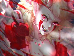 Rule 34 | 1girl, absurdres, alcremie, asrbpy, blonde hair, breasts, cleavage, creatures (company), facepaint, fangs, flower, game freak, gen 8 pokemon, highres, looking at viewer, nintendo, open mouth, personification, pointy ears, pokemon, red eyes, red flower, ribbon trim, solo, upper body