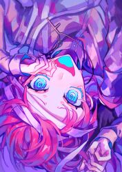 Rule 34 | 1boy, @ @, absurdres, bandages, blue eyes, buttons, cross, cross necklace, fang, furrowed brow, highres, himanemuitoma, jewelry, long sleeves, looking at viewer, necklace, open mouth, original, pink hair, purple theme, skin fang, smile, solo, turtleneck, upside-down