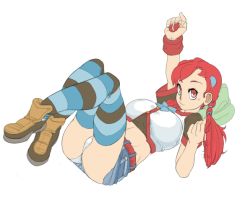 Rule 34 | 1girl, ankle boots, bad id, bad tumblr id, belt, boots, breasts, candice (pokemon), creatures (company), crossed ankles, flannery (pokemon), flat color, fusion, game freak, gonzozeppeli, groin, gym leader, hair bun, hair ornament, hairclip, hexafusion, knees, large breasts, legs, long hair, lying, midriff, miniskirt, navel, nintendo, on back, panties, pantyshot, patterned legwear, pillow, poke ball, poke ball (basic), pokemon, red eyes, red hair, shoes, skirt, smile, solo, striped clothes, striped thighhighs, thighhighs, twintails, underwear, unfinished, upskirt, white panties, whitney (pokemon), wristband