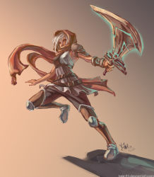 Rule 34 | 1girl, armor, bracelet, dated, highres, jewelry, league of legends, mar-93, md5 mismatch, resized, resolution mismatch, riven (league of legends), scarf, short hair, signature, solo, source smaller, sword, upscaled, watermark, weapon, web address, white hair