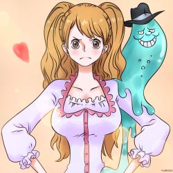 Rule 34 | 1girl, artist name, blush, breasts, brown background, brown eyes, brown hair, charlotte pudding, hat, heart, highres, large breasts, long hair, nitro (one piece), official style, one piece, ray (jingetsu hikari), simple background, slime (creature), solo, teeth, twintails, upper body
