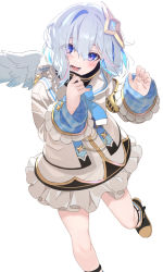 Rule 34 | 1girl, :d, absurdres, amane kanata, black footwear, black skirt, blue bow, blue hair, blue socks, blush, bow, feathered wings, frilled skirt, frills, grey hair, hair between eyes, hair over one eye, halo, highres, hololive, icehotmilktea, jacket, long sleeves, looking at viewer, mini wings, multicolored hair, open mouth, plaid, purple eyes, shoes, short hair, simple background, single hair intake, skirt, sleeves past wrists, smile, socks, solo, standing, standing on one leg, two-tone hair, virtual youtuber, white background, white jacket, white wings, wings