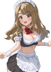 Rule 34 | 1girl, apron, black skirt, blush, bow, bowtie, breasts, brown eyes, brown hair, cleavage, collarbone, detached sleeves, ebifu, frilled apron, frills, highres, idolmaster, idolmaster million live!, idolmaster million live! theater days, large breasts, long hair, looking at viewer, maid, maid apron, maid headdress, miyao miya, open mouth, parted bangs, pleated skirt, puffy detached sleeves, puffy sleeves, red ribbon, ribbon, simple background, skirt, solo, stomach, upper body, wavy hair, white background, wrist cuffs