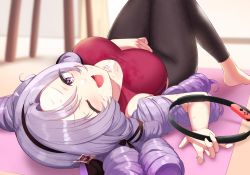 Rule 34 | 1girl, absurdres, bare arms, barefoot, black pants, breasts, cleavage, drill hair, exhausted, headband, highres, hyakumantenbara salome, large breasts, long hair, looking at viewer, lying, nijisanji, on back, one eye closed, open mouth, pants, purple eyes, purple hair, quad drills, ring-con, sleeveless, smile, sports bra, swept bangs, taut clothes, tight clothes, tight pants, upside-down, virtual youtuber, yamato (muchuu paradigm), yoga pants